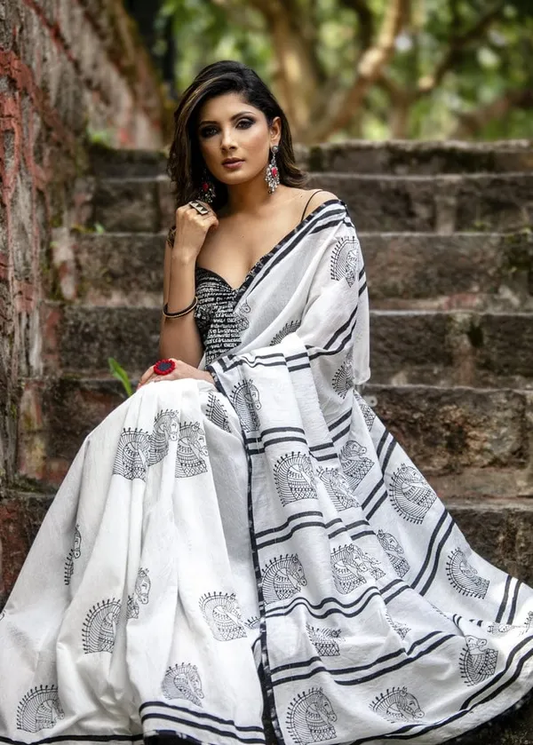 Majestic White Color Cotton Linen Saree With Unstitched Blouse Piece For Women