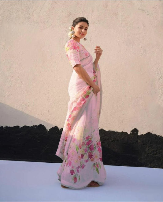 Captivating White with Pink Color Cotton Linen Saree With Unstitched Blouse Piece For Women