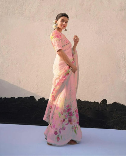 Captivating White with Pink Color Cotton Linen Saree With Unstitched Blouse Piece For Women