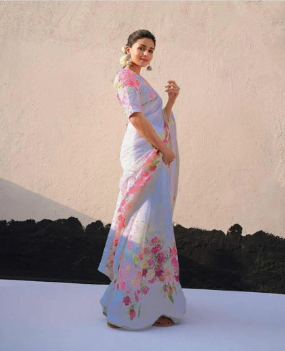 Captivating White with Pink Color Cotton Linen Saree With Unstitched Blouse Piece For Women