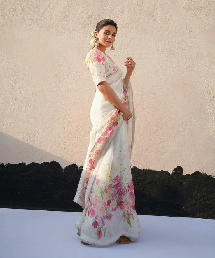 Captivating White with Pink Color Cotton Linen Saree With Unstitched Blouse Piece For Women