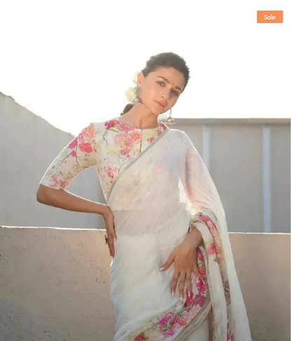 Captivating White with Pink Color Cotton Linen Saree With Unstitched Blouse Piece For Women