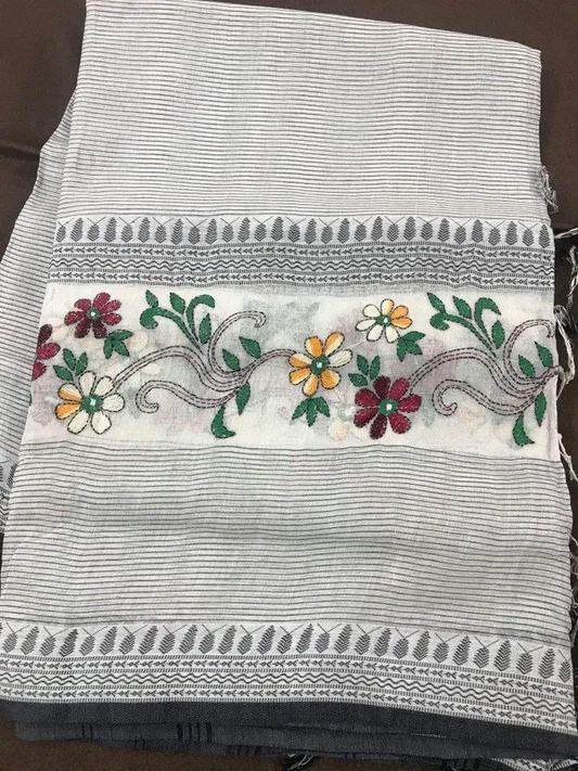 Graceful Gray and White Color Cotton Linen Saree With Unstitched Blouse Piece For Women