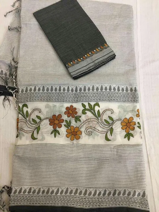 Radiant Gray Color Cotton Linen Saree With Unstitched Blouse Piece For Women