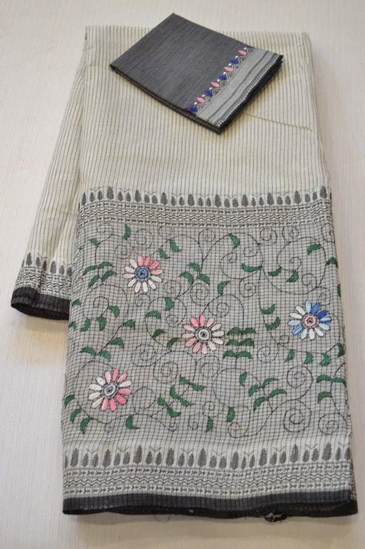 Exquisite White and Gray Color Cotton Linen Saree With Unstitched Blouse Piece For Women
