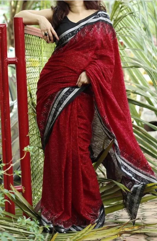 Traditional Red Color Cotton Linen Saree With Unstitched Blouse Piece For Women