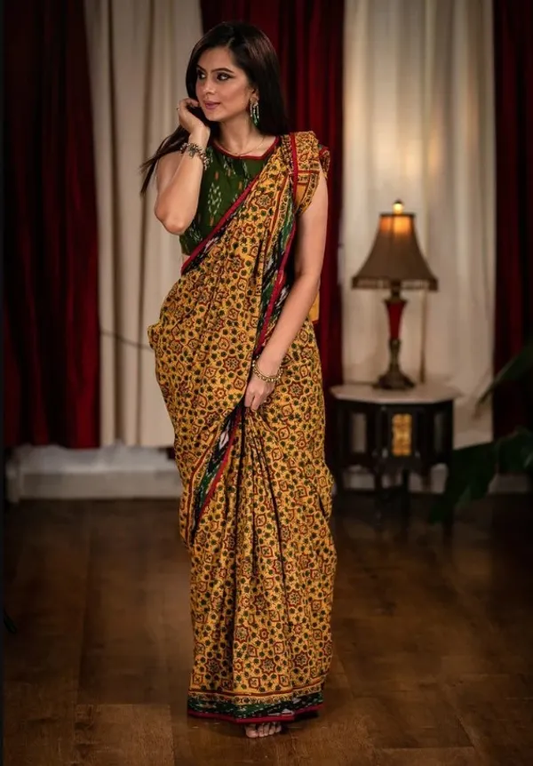 Vibrant Yellow Color Cotton Linen Saree With Unstitched Blouse Piece For Women