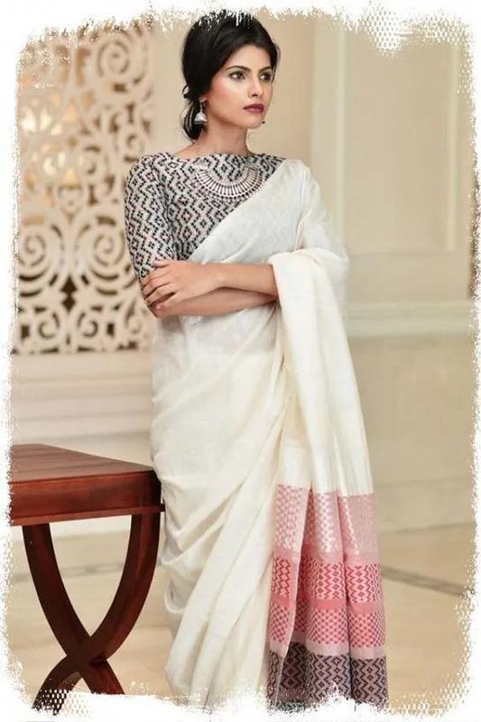 Vibrant White Color Cotton Linen Saree With Unstitched Blouse Piece For Women