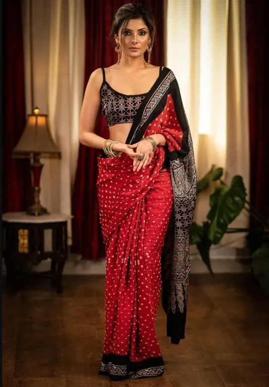 Exquisite Red with Black Color Cotton Linen Saree With Unstitched Blouse Piece For Women